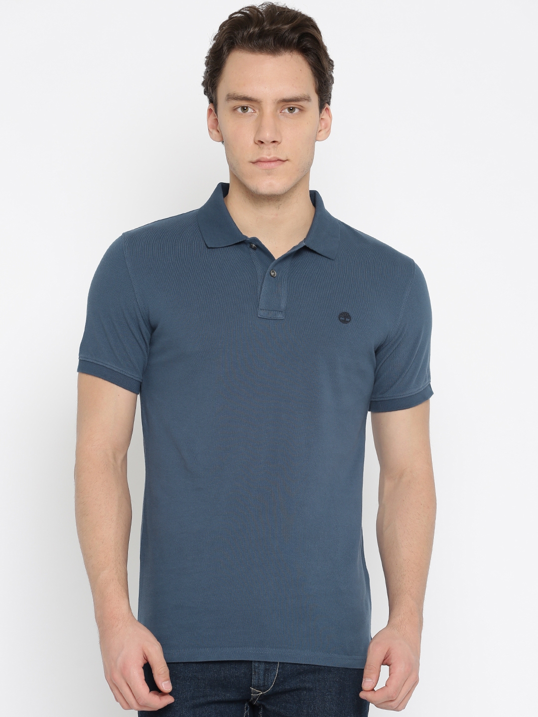 Buy Timberland Men Blue Slim Fit Solid Polo Collar Pure Cotton T Shirt ...