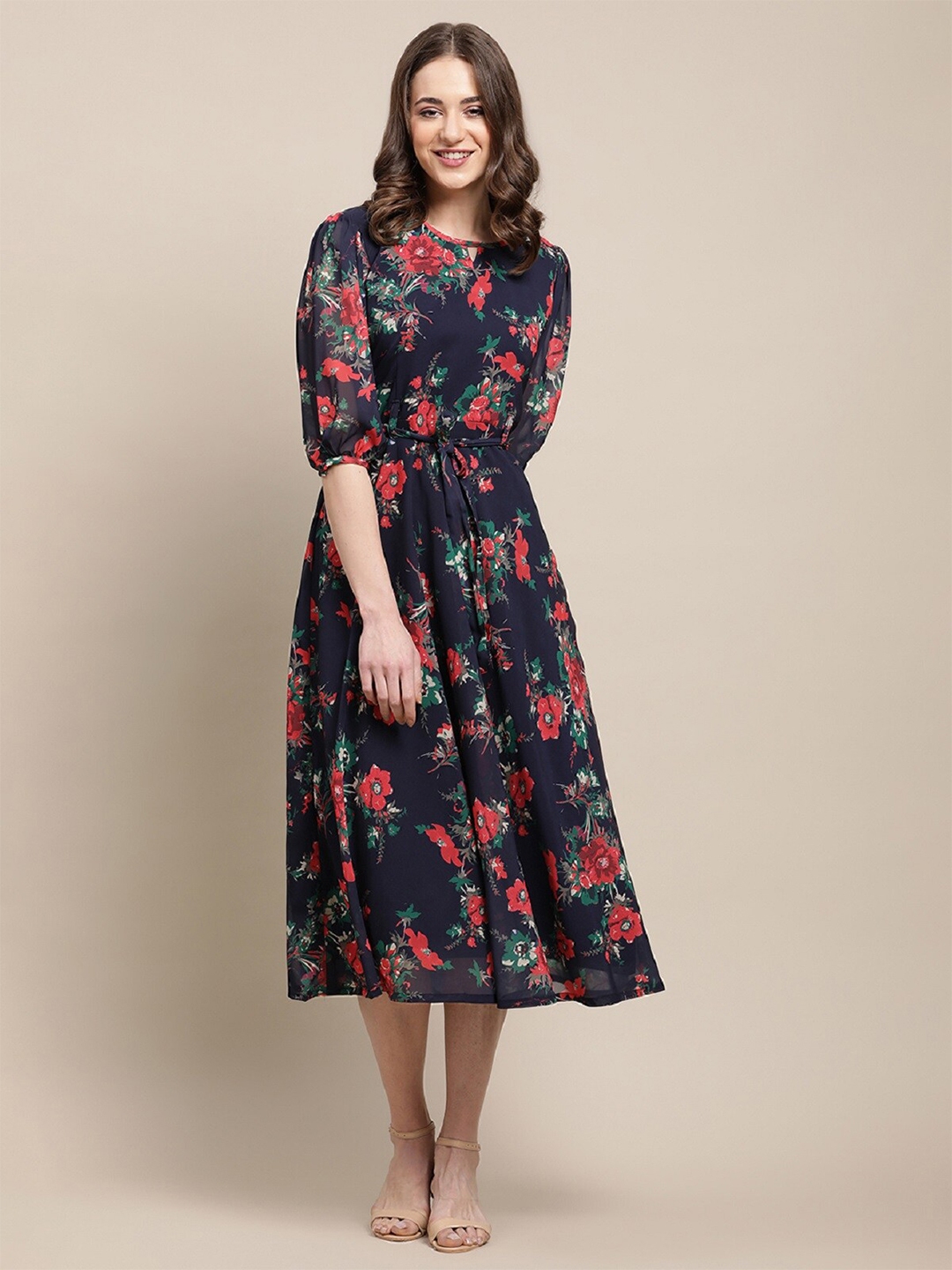 Buy BAESD Floral Printed Round Neck Puff Sleeves Fit & Flare Midi Dress ...