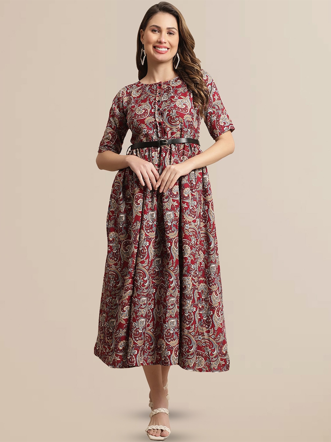 Buy BAESD Ethnic Printed Round Neck Fit & Flare Midi Dress - Dresses ...