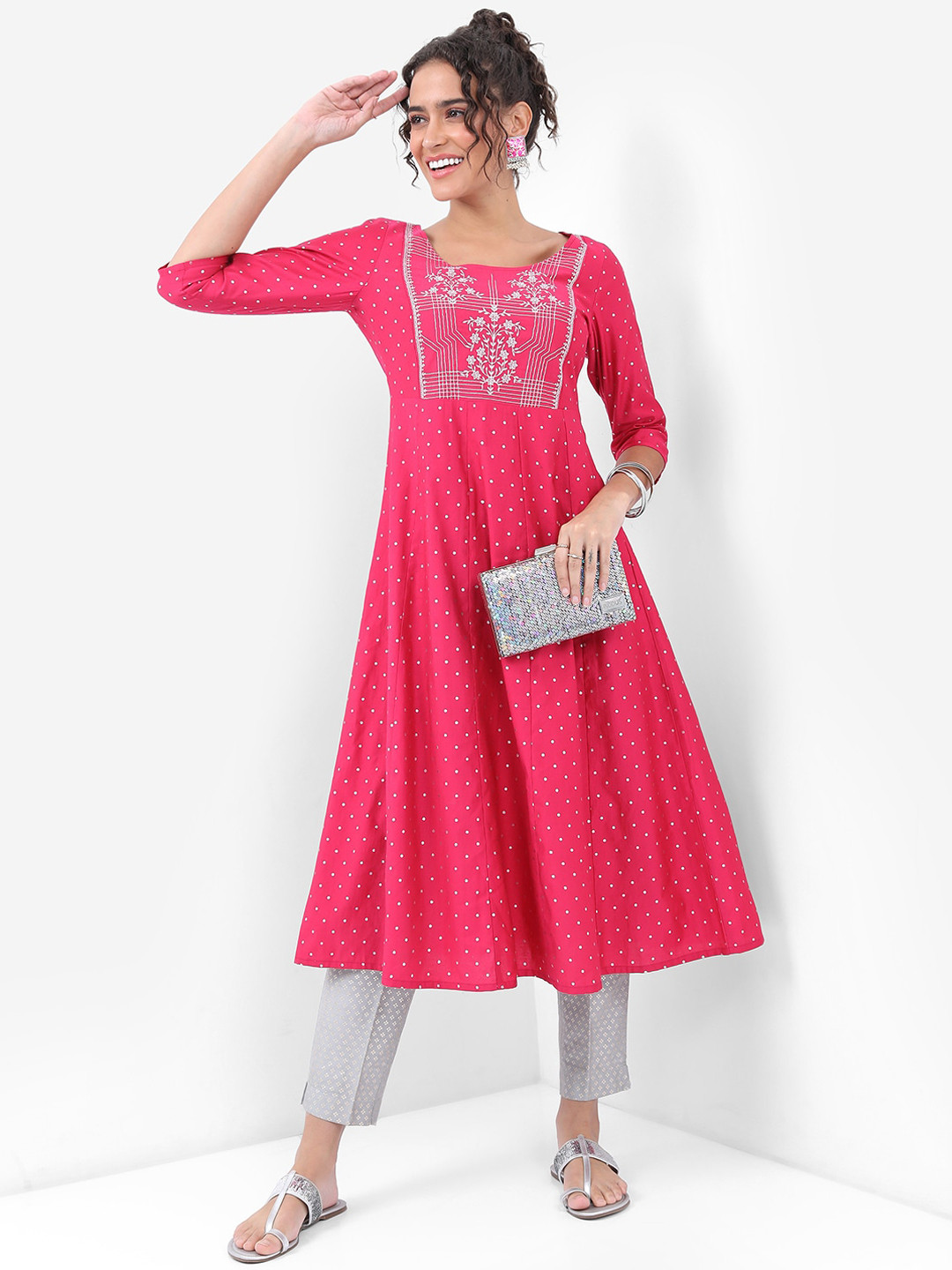 Vishudh White & Pink Floral Printed Pure Cotton Anarkali Kurta With Trouser & Dupatta main image 1
