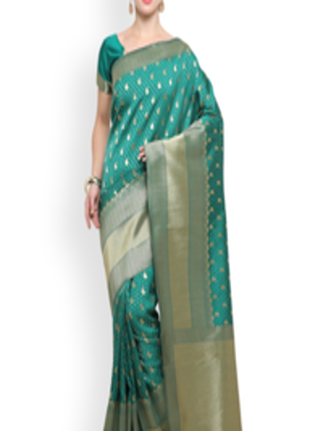 Buy Bhelpuri Green & Gold Toned Silk Blend Woven Design Kanjeevaram ...