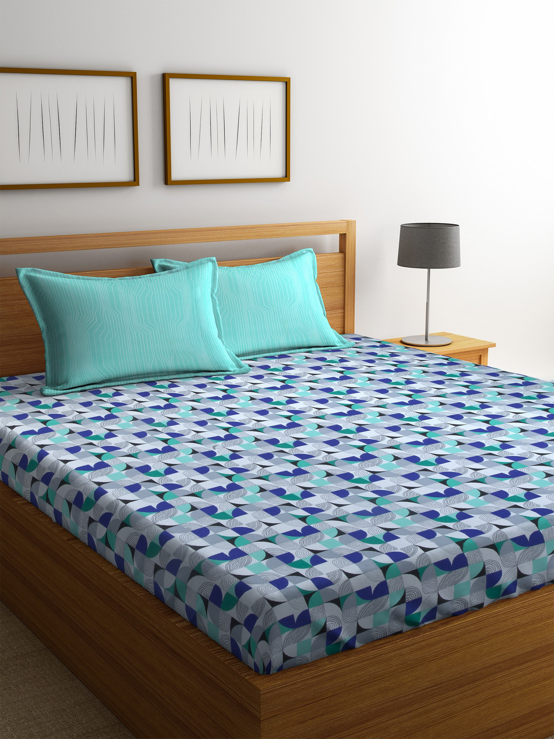 Buy STELLAR HOME Sea Green & Navy Blue Floral Flat 104 TC Cotton 1