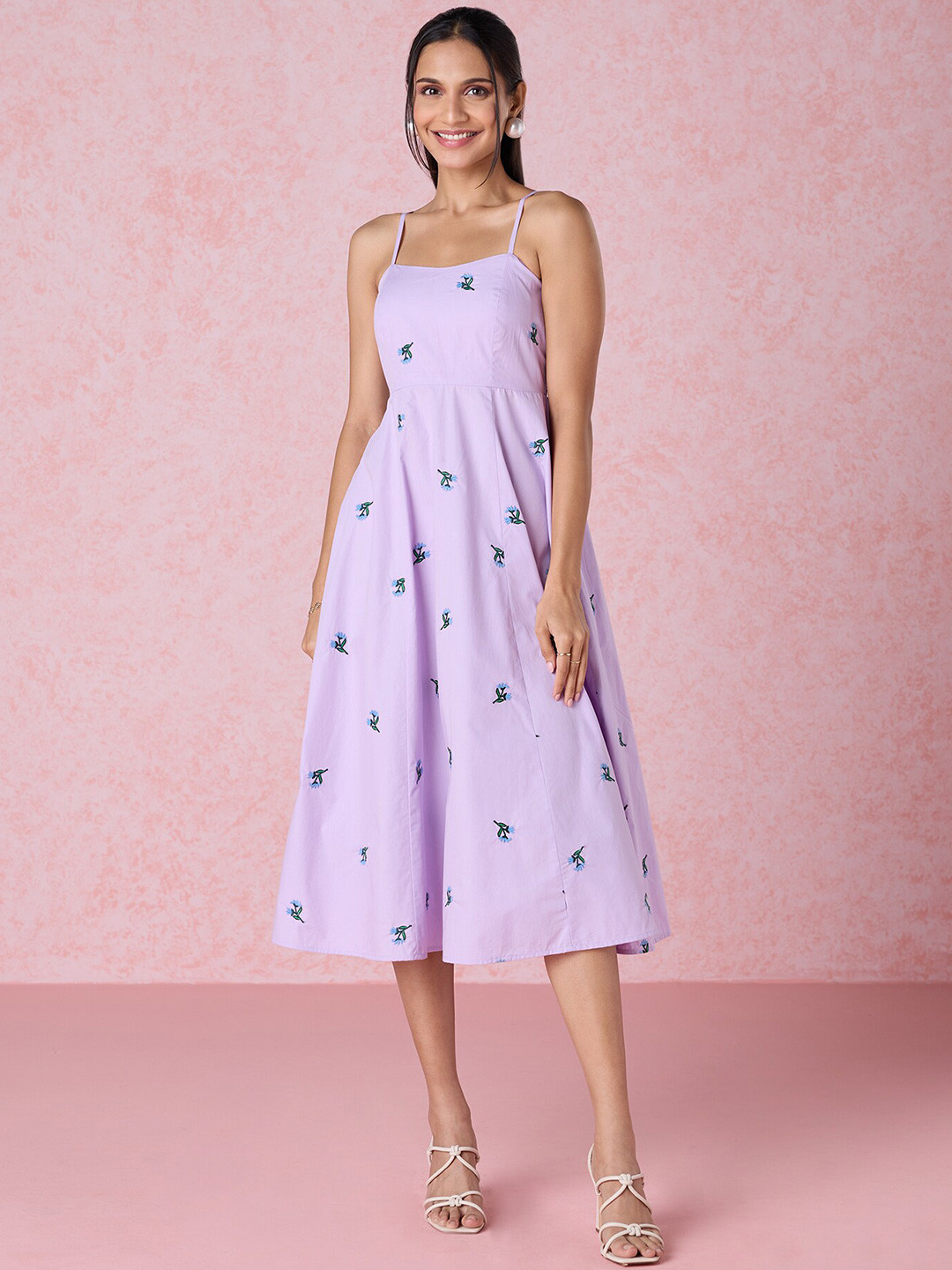 Purple Cotton Blend Striped A-Line Dress