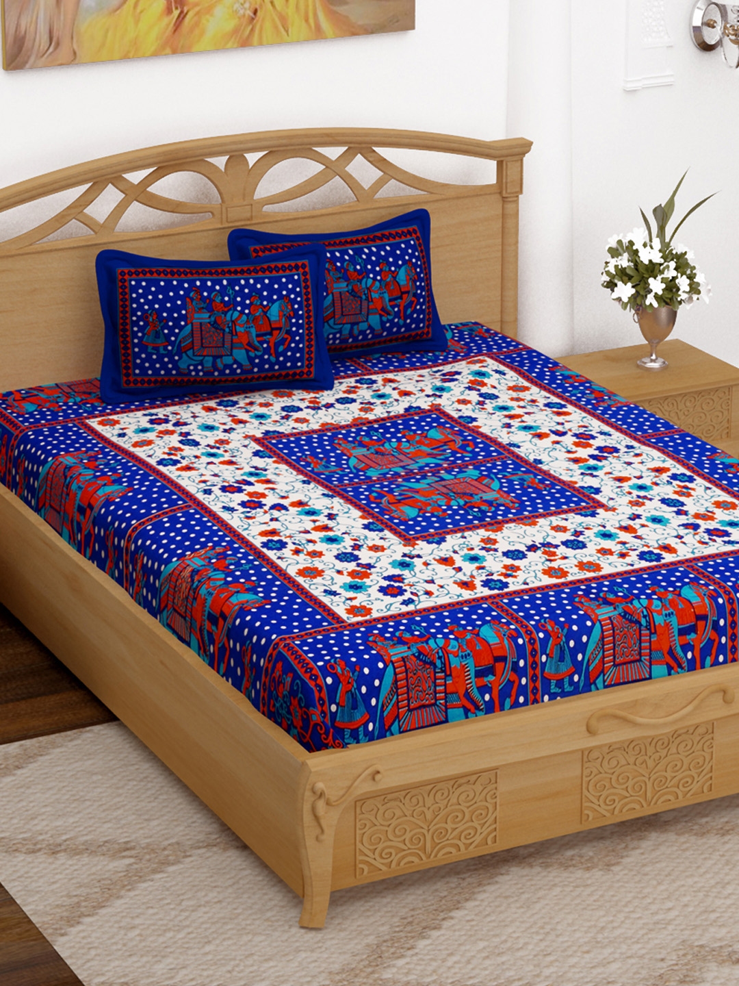 Buy Storyhome Blue & White 152 TC Cotton Queen Bedsheet With 2 Pillow