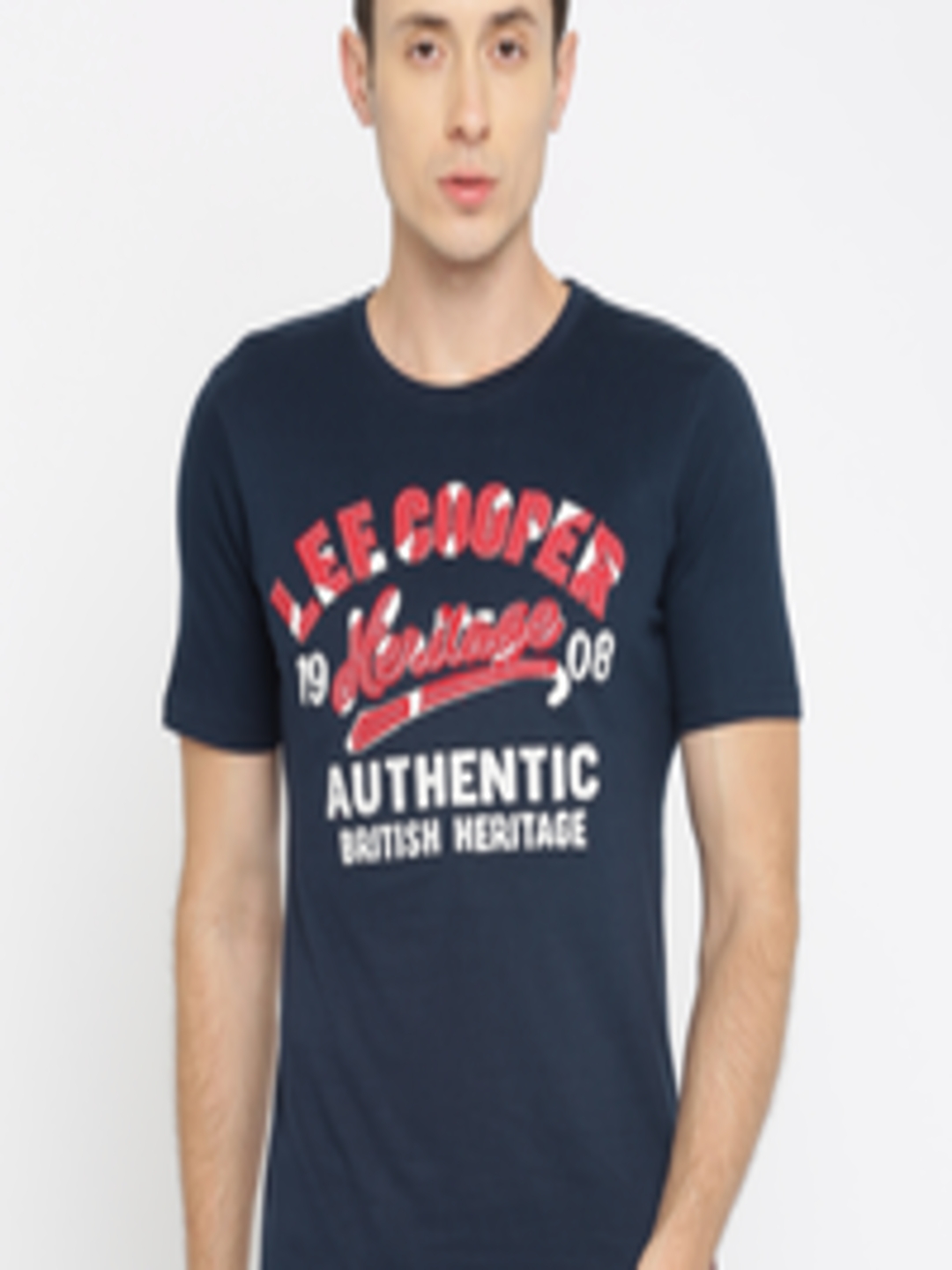 Buy Lee Cooper Men Navy Blue Solid Round Neck Pure Cotton T Shirt ...
