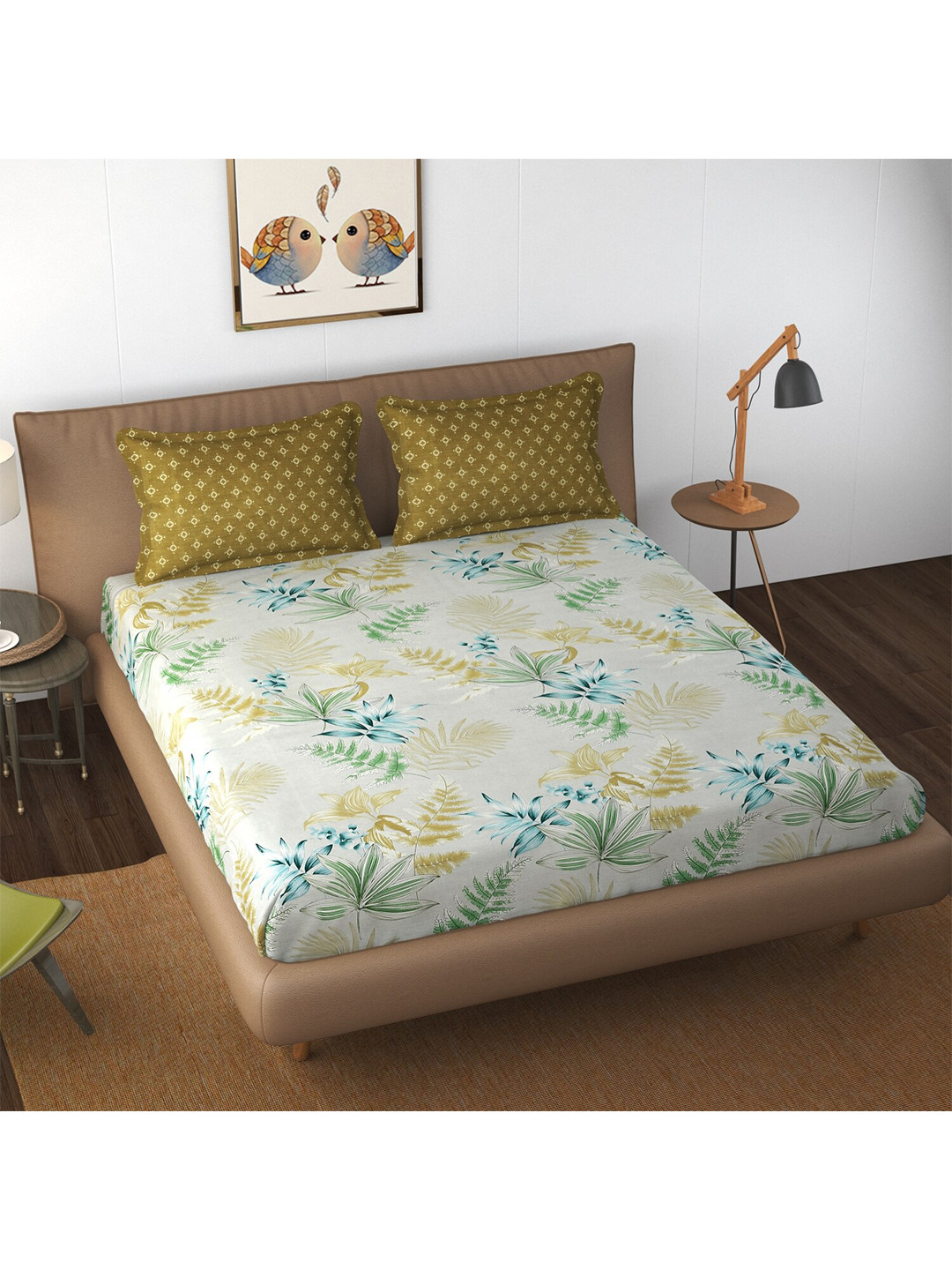 White & Green Floral Super King Bedsheet Set – 220 TC Cotton Flat Sheet with 2 Pillow Covers
