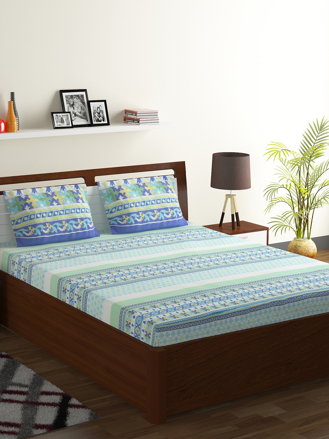 Buy BOMBAY DYEING Blue Floral Flat 130 TC Polycotton 1 King Bedsheet