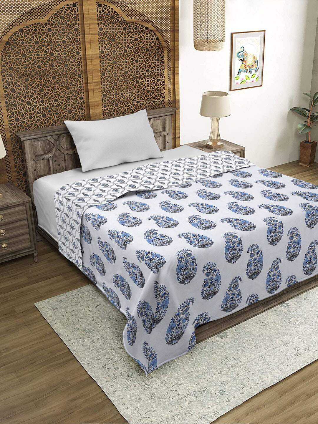 Buy Rajasthan Decor White & Blue Printed Cotton Reversible AC Room 120
