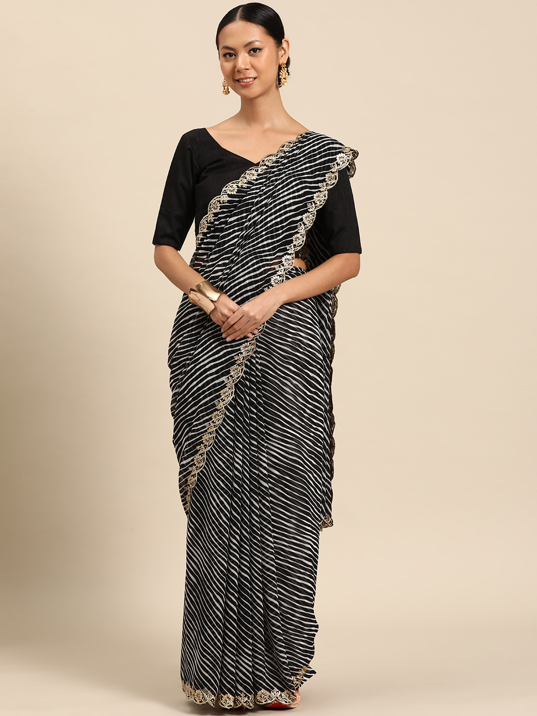 Striped Leheriya Print Georgette Saree with Crystal Studded Border main image 1