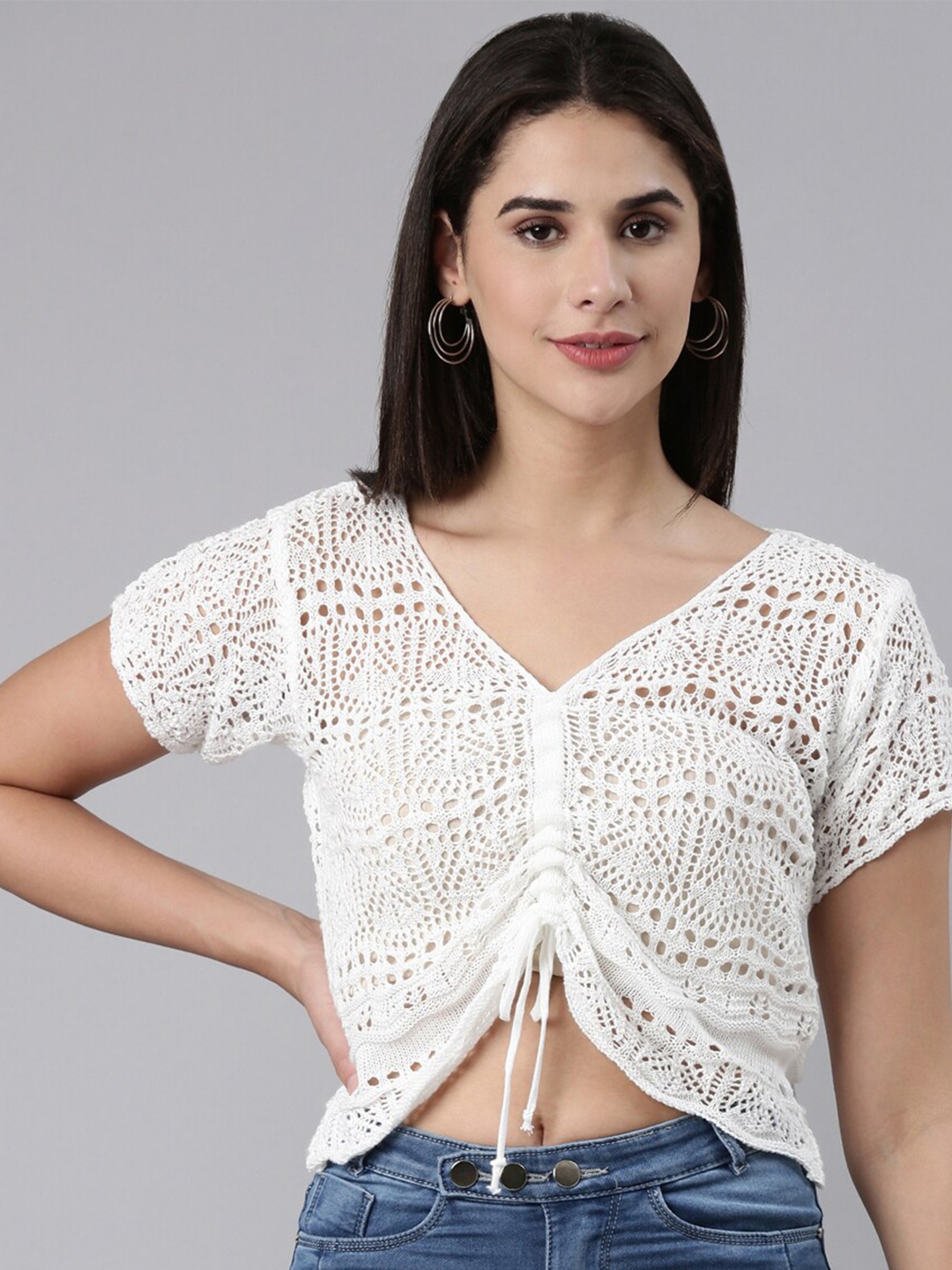buy-showoff-self-design-v-neck-ruched-woollen-crop-top-tops-for-women