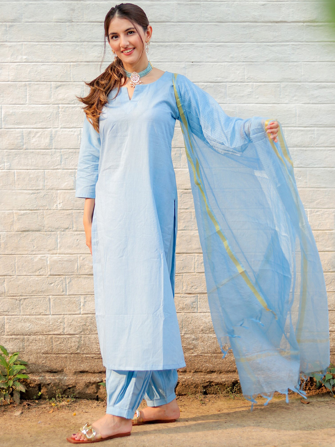 Embellished Woven Self Design Kurta Salwar & Dupatta Set