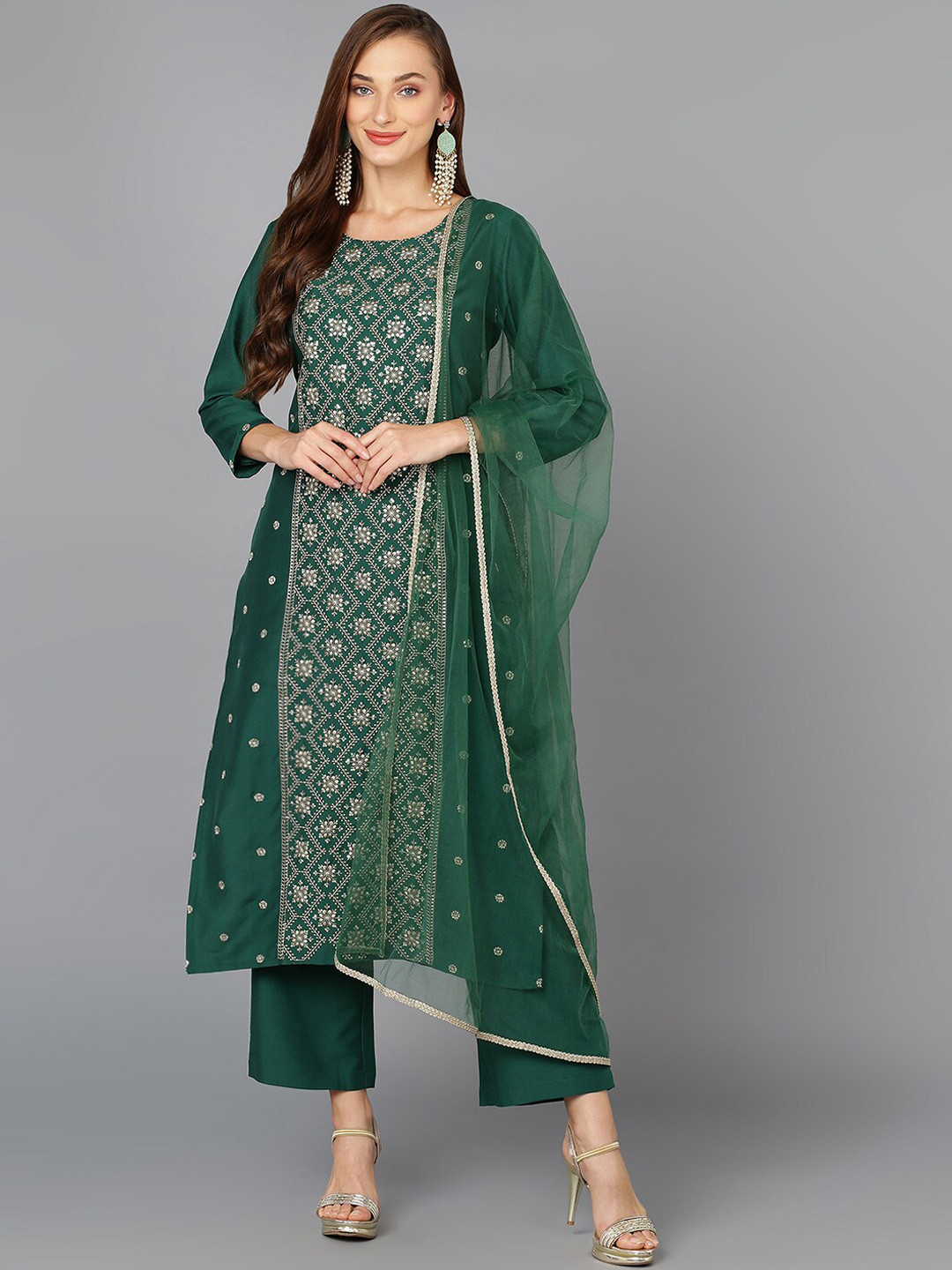 Green Floral Printed Sequined Ethnic kurta