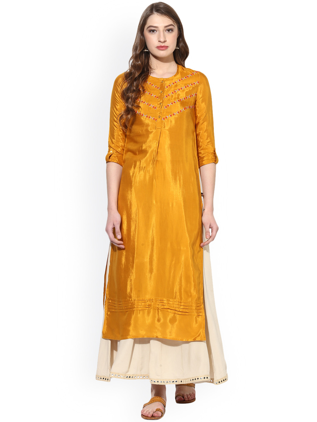 Buy Juniper Women Mustard Yellow Embroidered Straight Kurta Kurtas