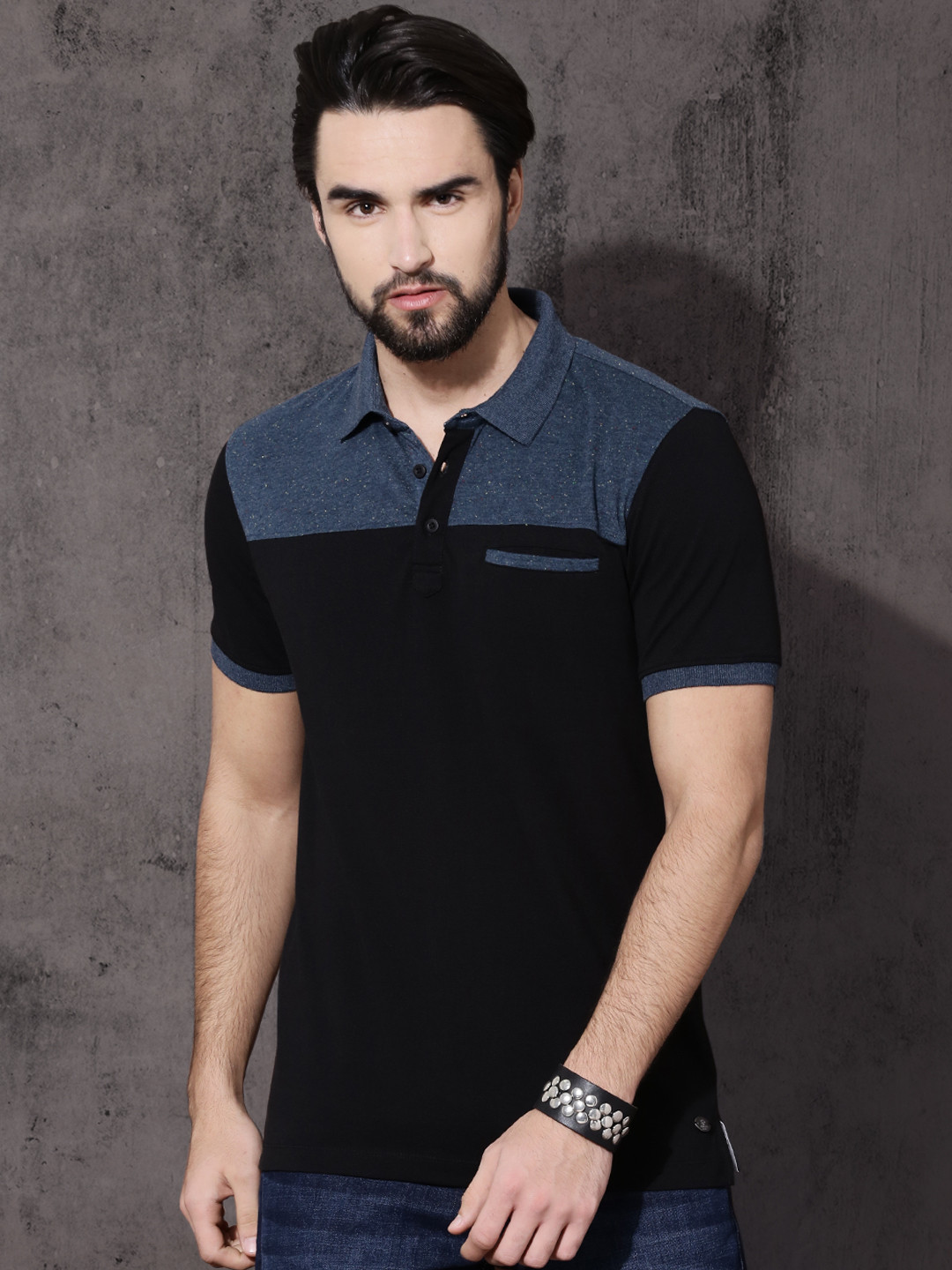 Men's Black Solid Polo Collar T-Shirt