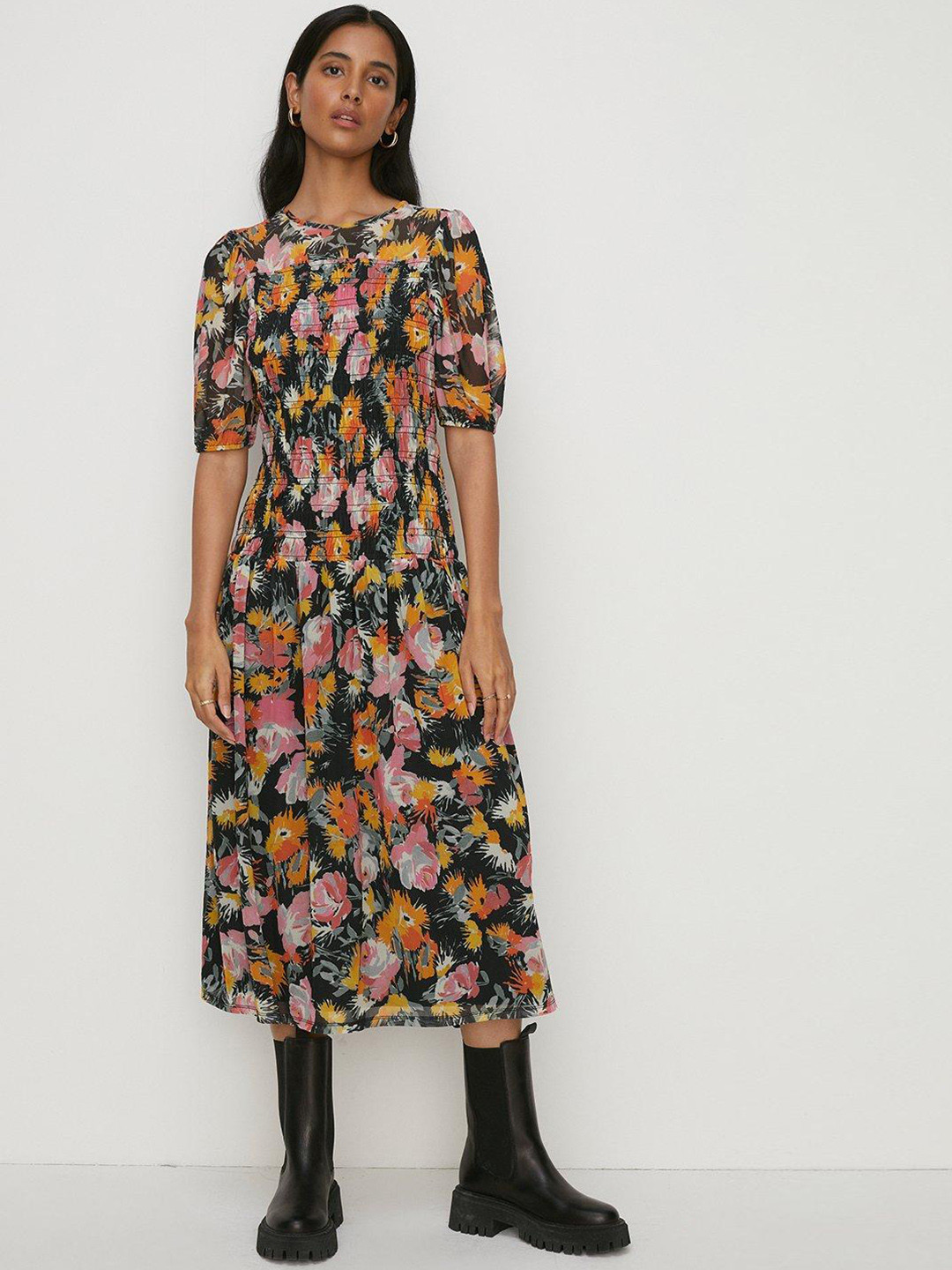 Buy OASIS Floral Mesh Shirred Bodice Puff Sleeve A Line Midi Dress