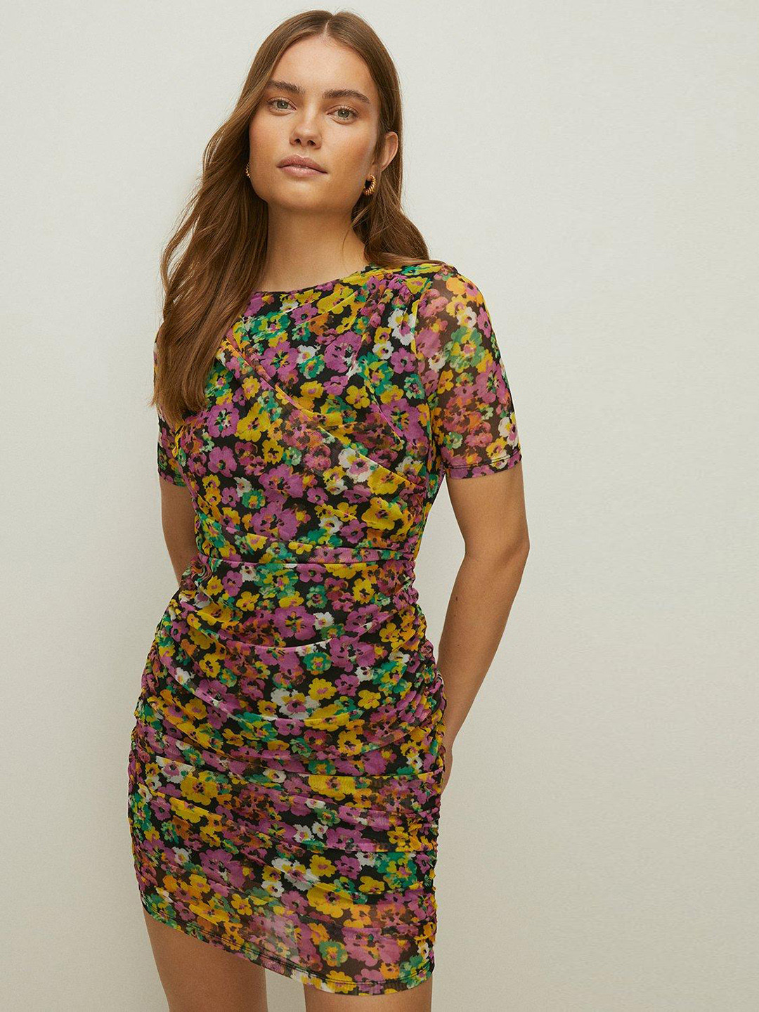 Buy OASIS Floral Mesh Ruched Mini Bodycon Dress Dresses for Women