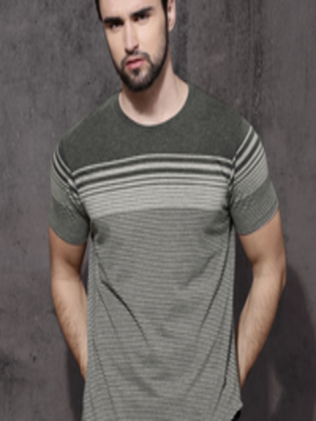 Buy Roadster Men Grey Striped Round Neck T Shirt - Tshirts for Men ...