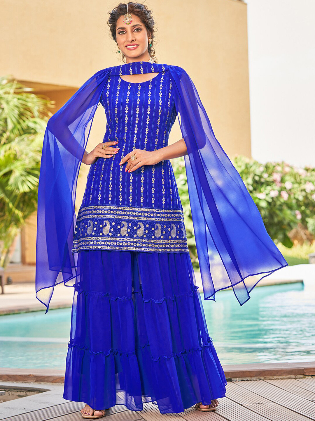 Ethnic Motifs Embroidered Sequinned Scalloped Kurti with Sharara & Dupatta
