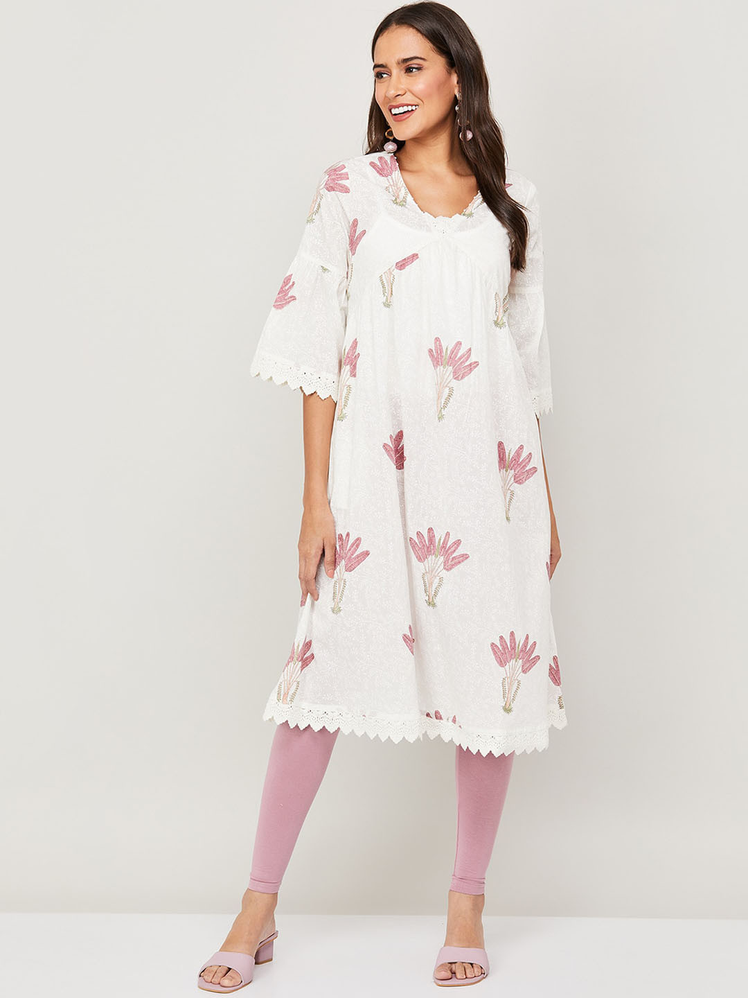 Buy Melange By Lifestyle Floral Printed Flared Sleeves Thread Work Pure ...
