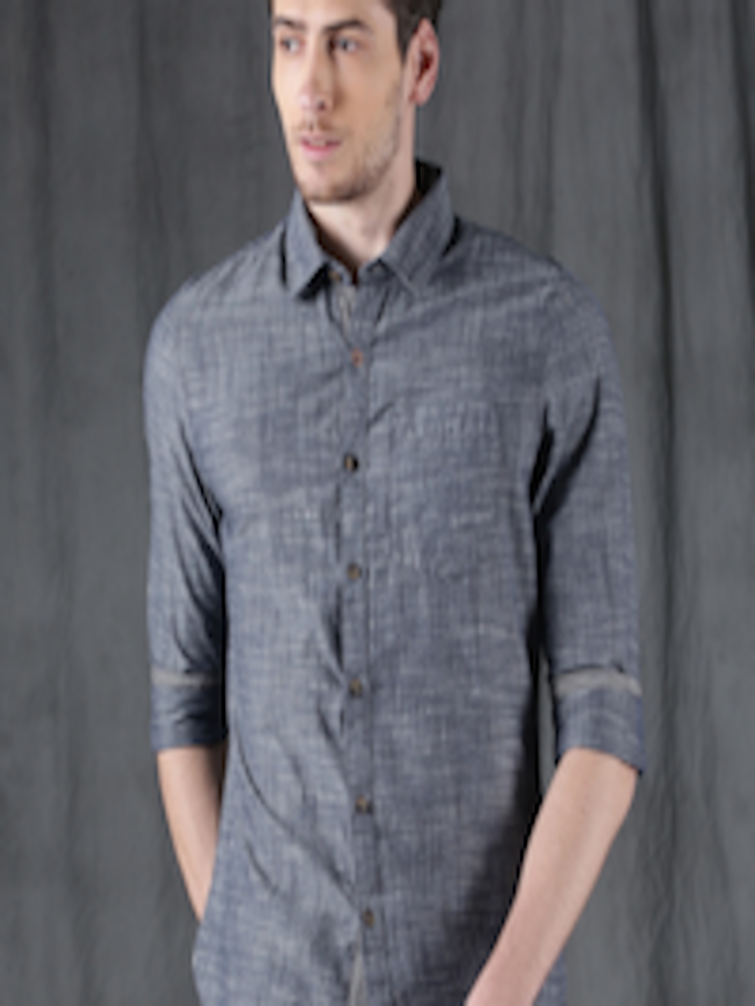 Buy WROGN Men Navy Blue Slim Fit Self Design Casual Shirt - Shirts for ...