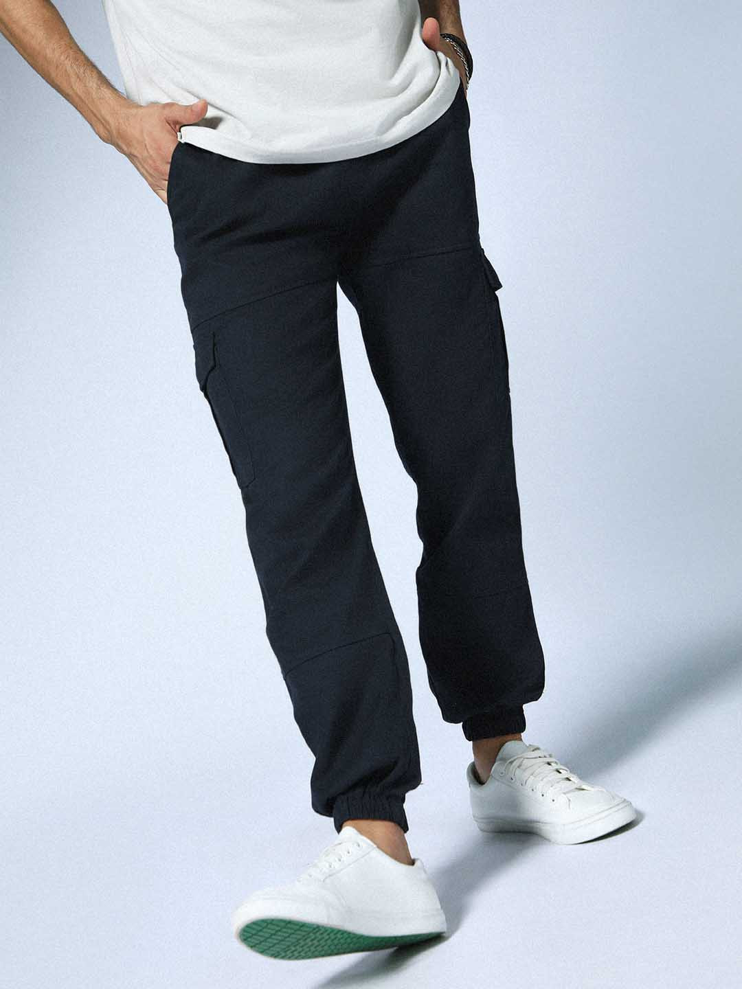 Buy Hubberholme Men Cotton Mid Rise Black Cargo Jogger Trousers for