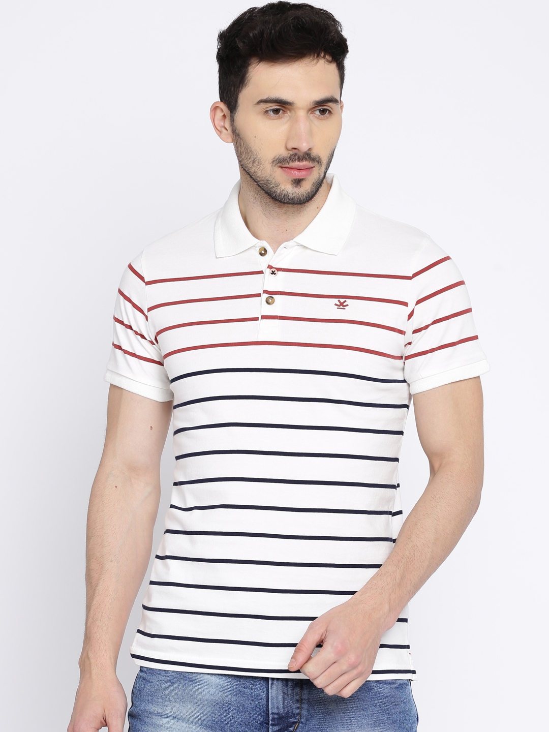Buy WROGN Men White & Navy Blue Striped Polo T Shirt - Tshirts for Men ...