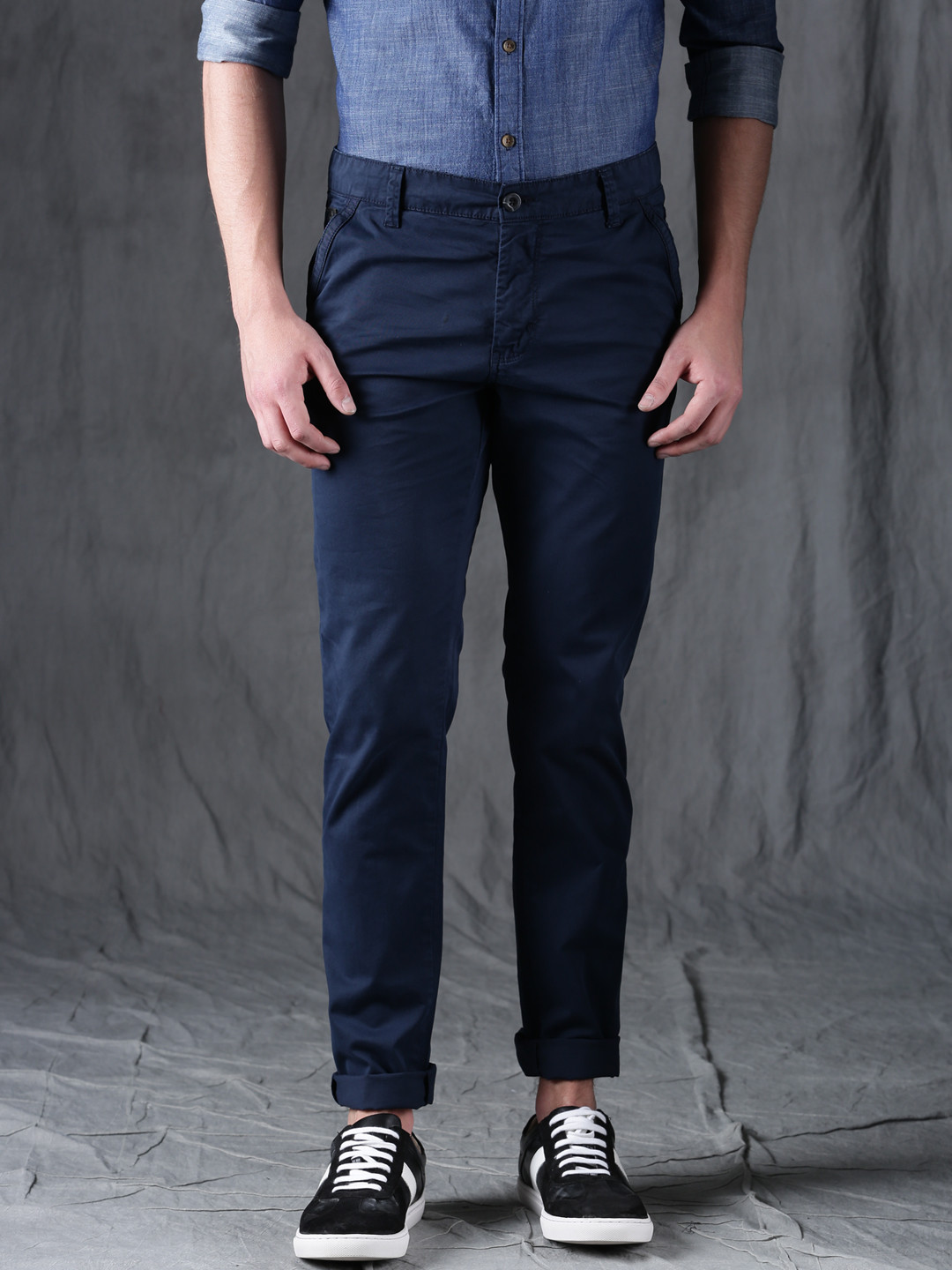 Buy WROGN Men Navy Blue Slim Fit Solid Regular Trousers - Trousers for ...