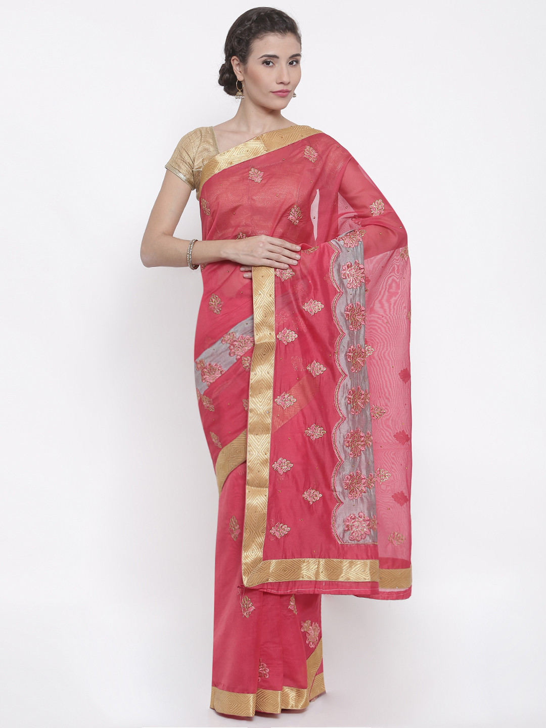 Buy The Chennai Silks Red Cotton Blend Embellished Chanderi Saree Sarees for Women 2340264