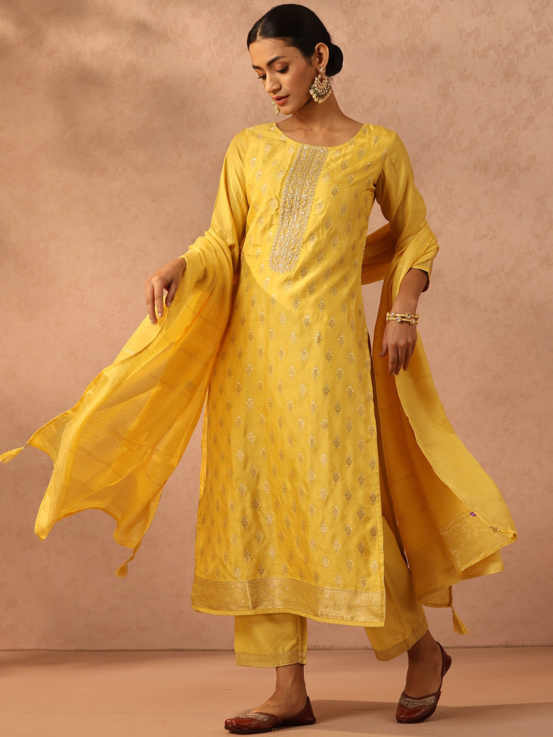 Women Yellow Embroidered Straight Kurta Trousers With Dupatta Set