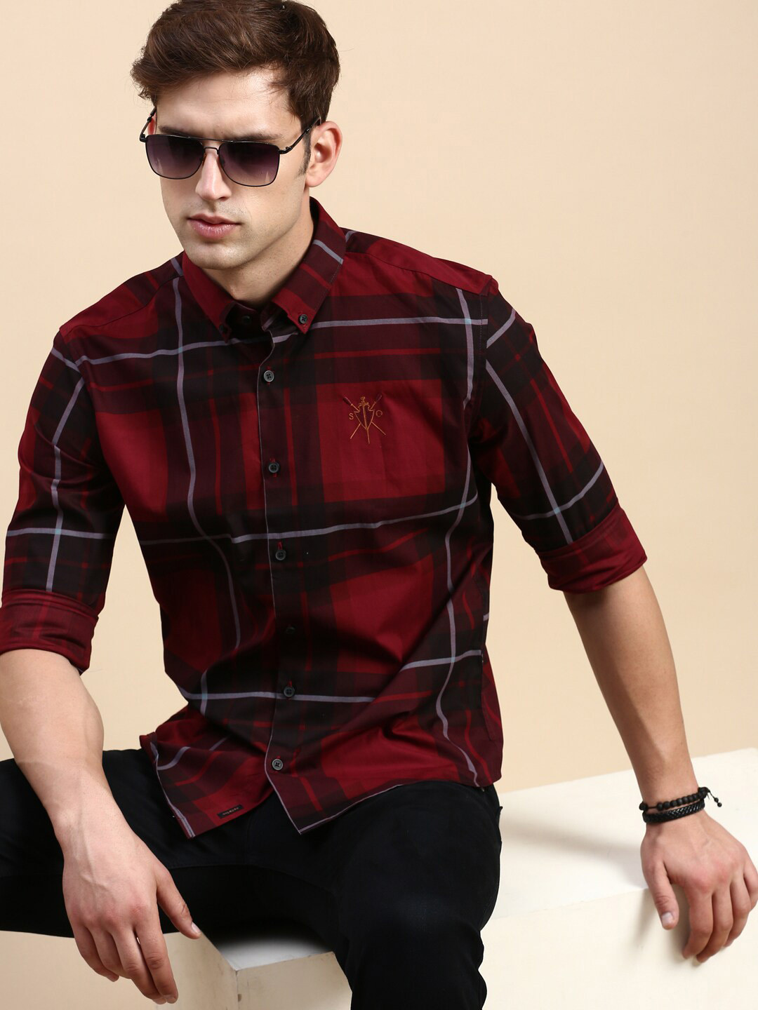 Men's Maroon Standard Slim Fit Tartan Checks Cotton Casual Shirt
