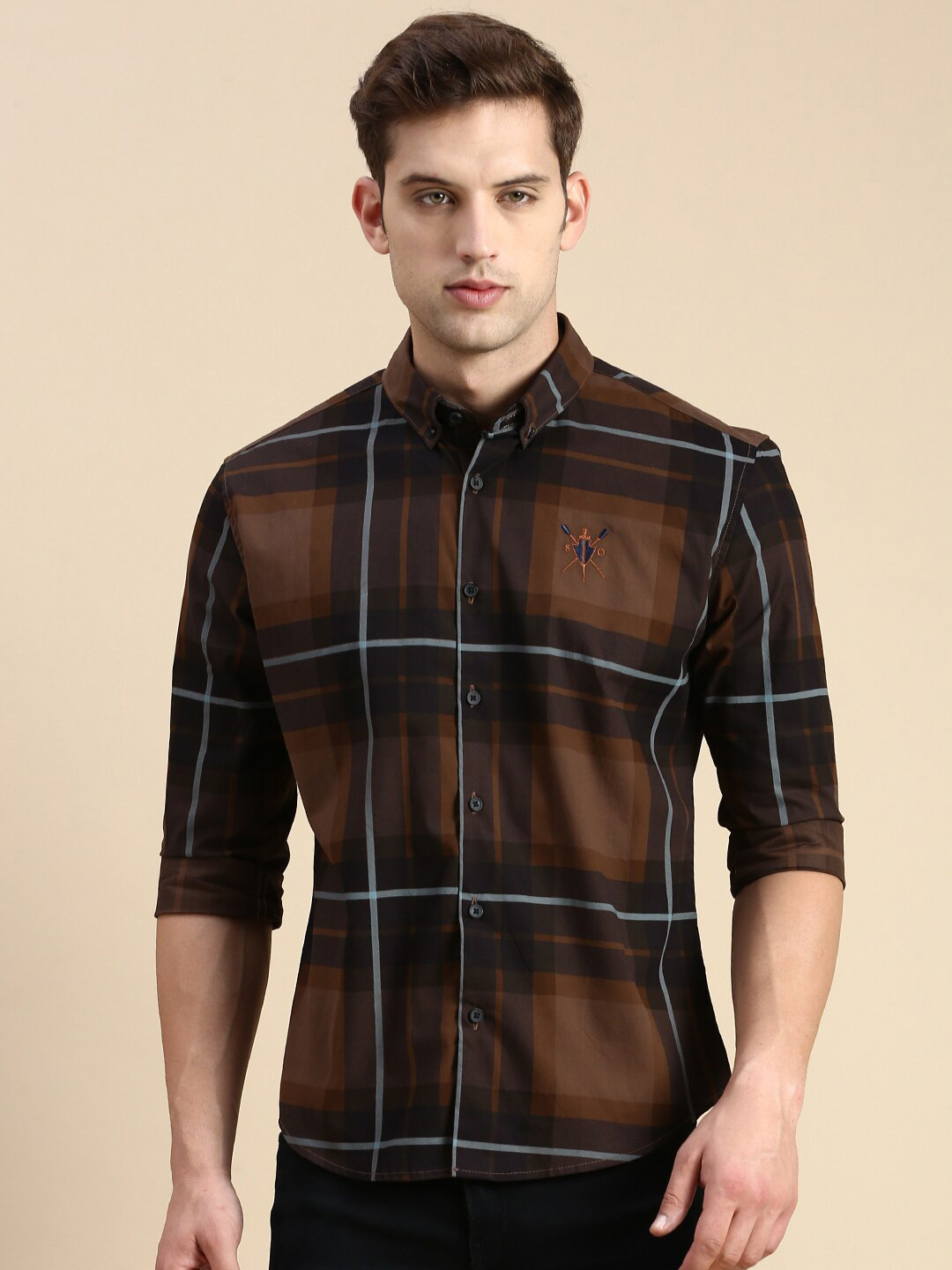 Men's Brown Standard Slim Fit Tartan Checked Cotton Casual Shirt