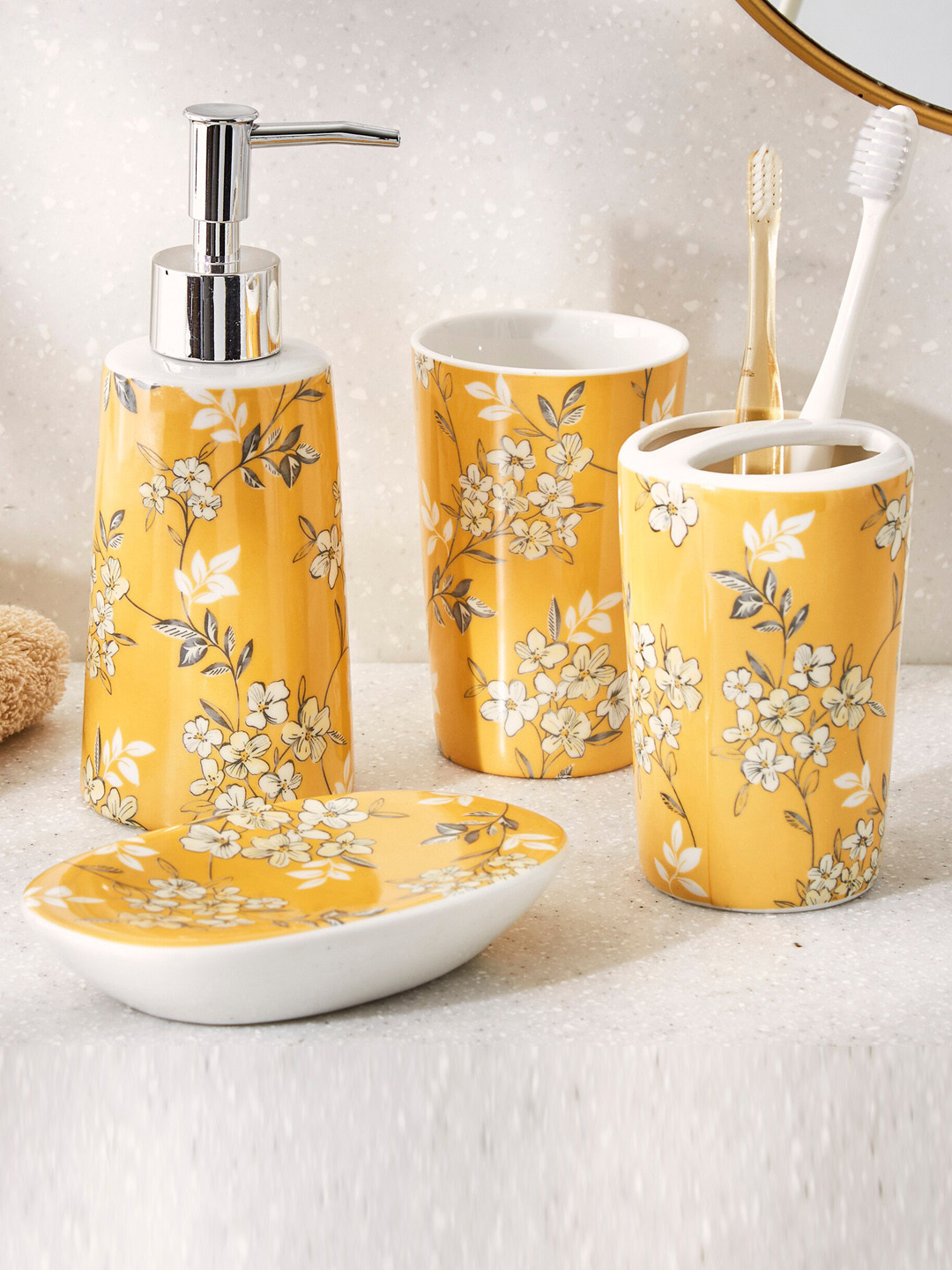 Buy Home Centre Yellow Mekong Ceramic Yellow Printed Soap Dispenser ...