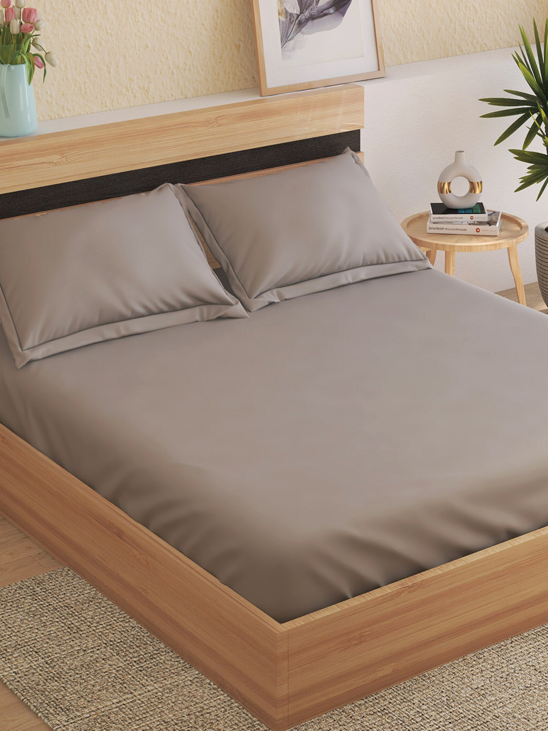 Buy Home Centre Sapphire Grey Cotton 300 TC King Bedsheet With 2 Pillow