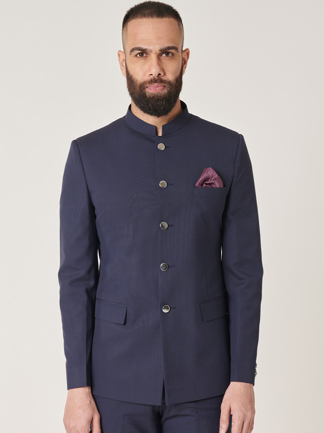 Men's Navy Blue Slim Fit Striped Mandarin Collar Bandhgala Blazer
