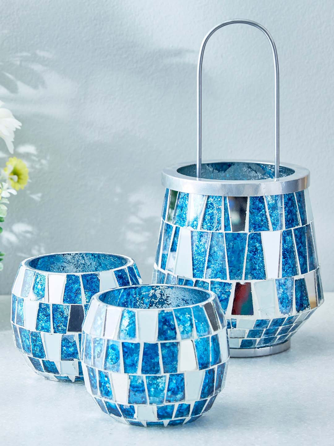 Buy Home Centre Blue Mabel Decor Glass Tapered Mosaic Lantern Candle