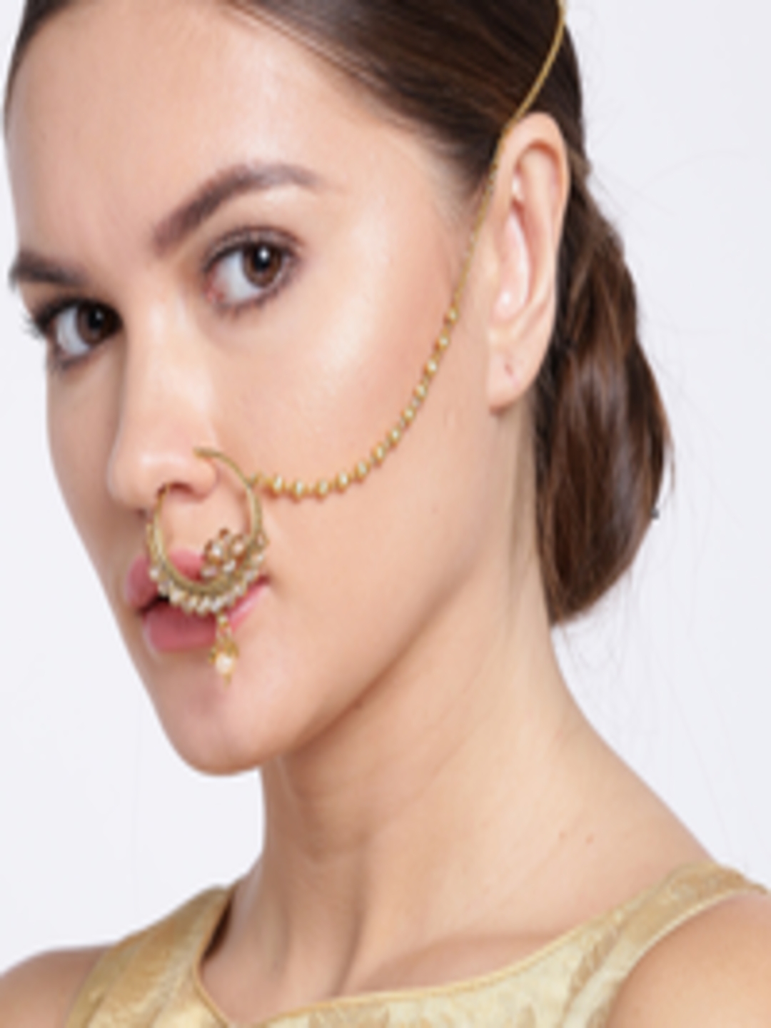 Buy Priyaasi Cream Coloured Gold Plated CZ Stone Studded Handcrafted Nose Ring With Chain