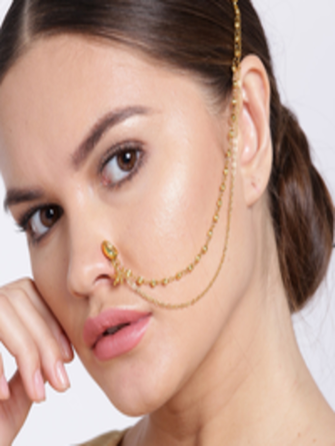 Buy Priyaasi Gold Plated CZ Stone Studded Handcrafted Nose Ring With Chain Nosepin for Women