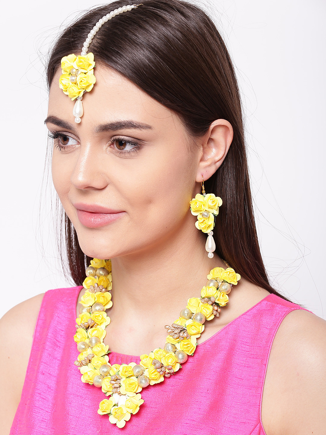 Buy Priyaasi Yellow & Gold Toned Floral Jewellery Set Jewellery Set