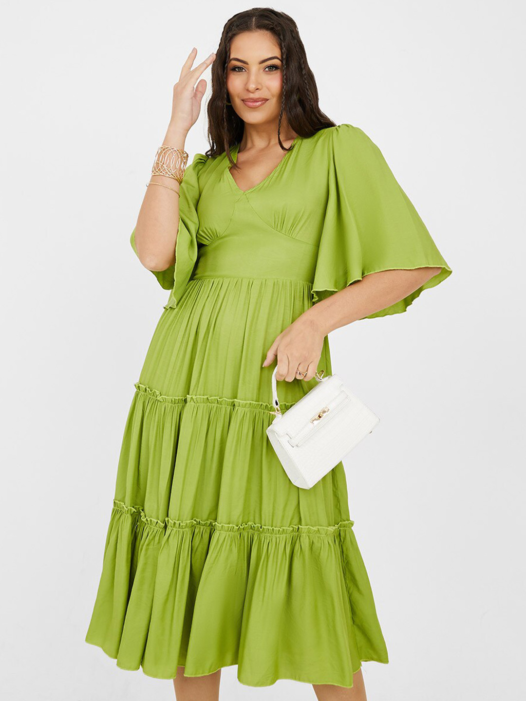 Rayon Printed Fit & Flare V Neck String Midi Dress