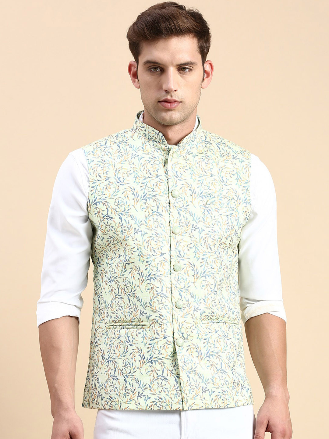 Men's Printed Green Slim Fit Nehru Jacket