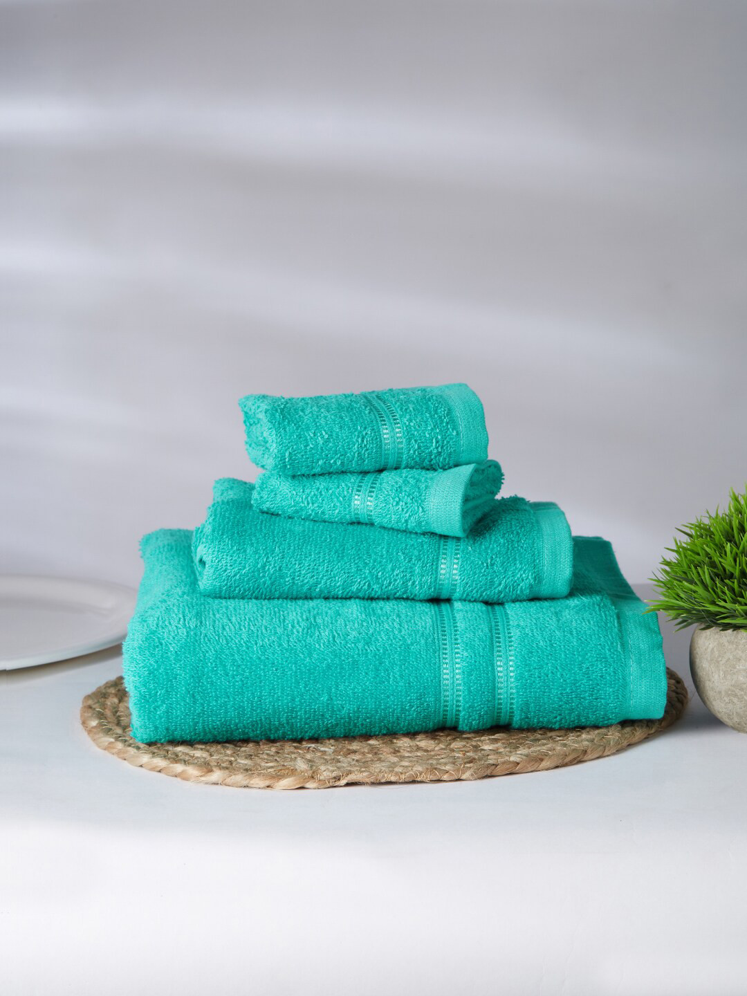 Buy SPACES Blue & White 4 Pieces Printed 380 GSM Pure Cotton Towel Set Towel Set for Unisex