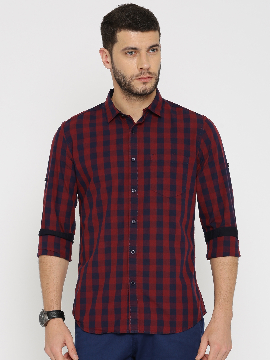navy blue shirt maroon pants