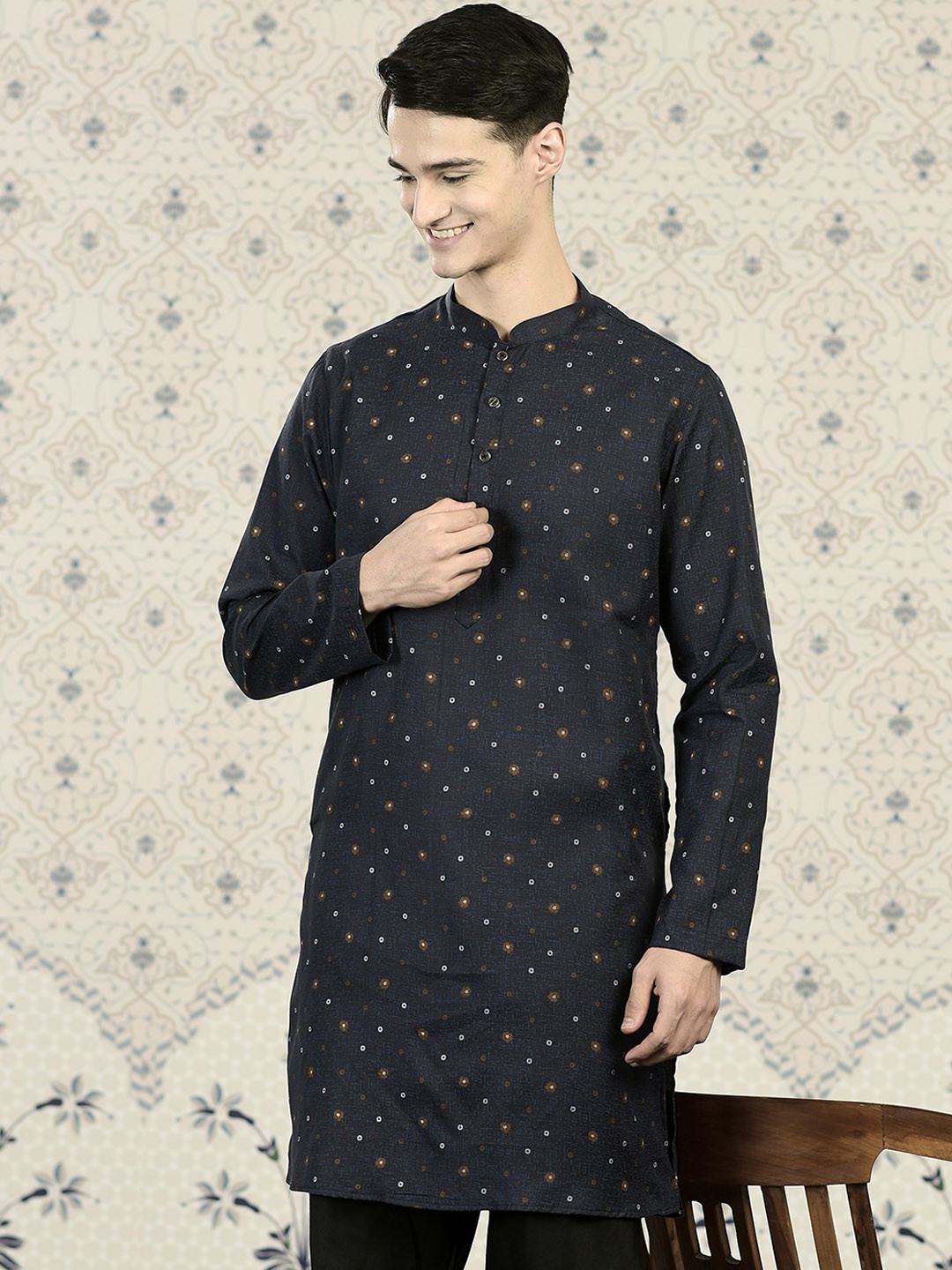 Buy Ode By House Of Pataudi Navy Blue Floral Printed Mandarin Collar