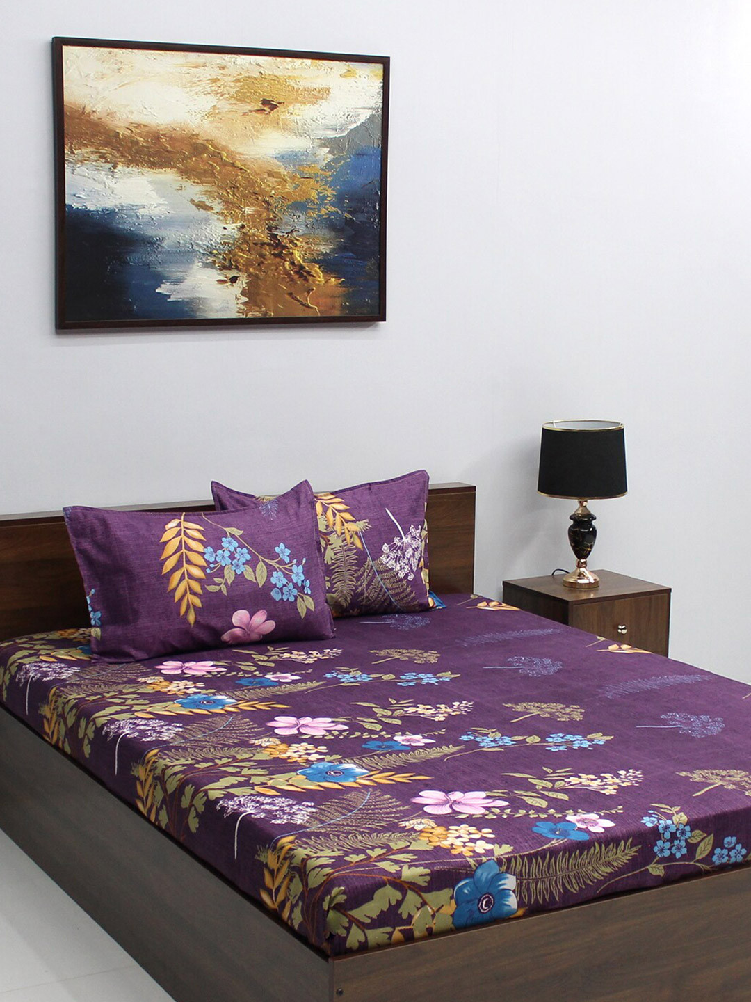 Buy BOMBAY DYEING Vista Purple & Blue Floral 144 TC Queen Bedsheet With