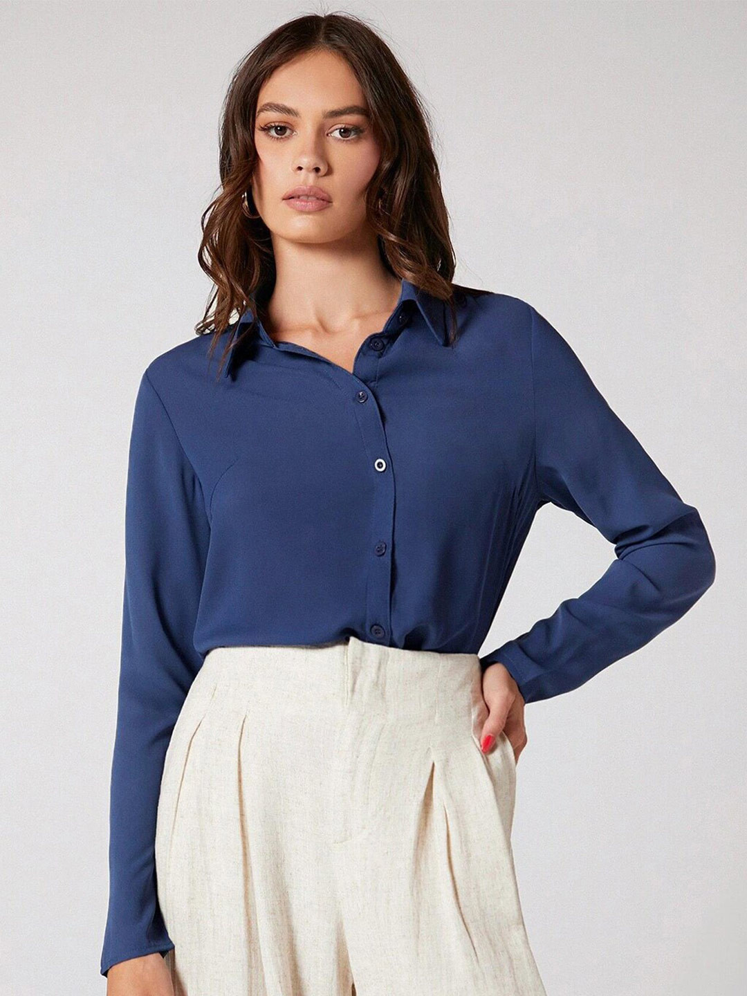 Buy Kotty Blue Spread Collar Shirt Style Top Tops for Women 23438994