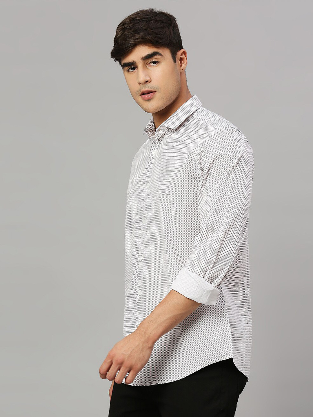Men's White Premium Spread Collar Micro Ditsy Printed Cotton Slim Fit Casual Shirt