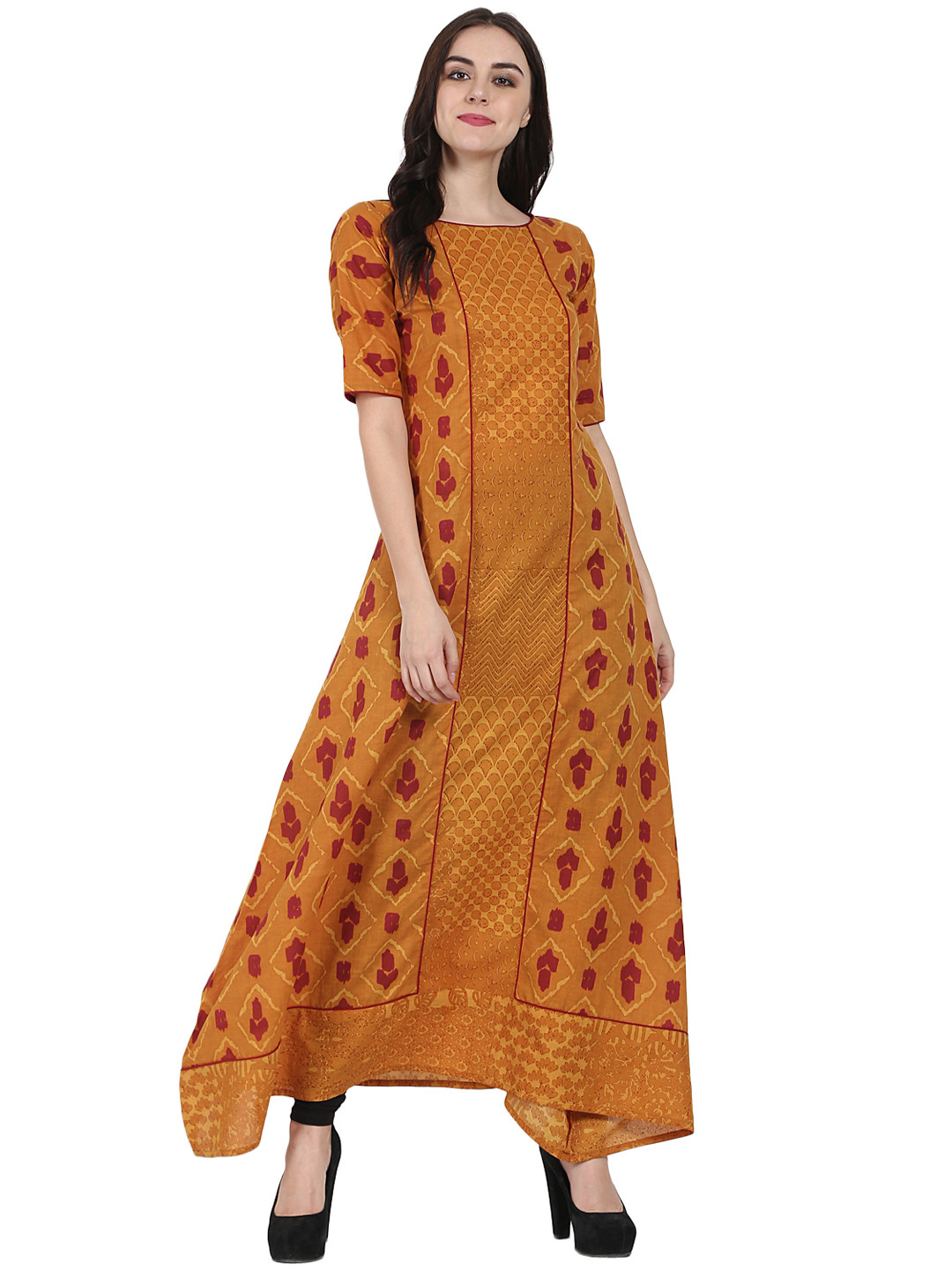 Buy Nayo Women Mustard Yellow Printed A Line Kurta Kurtas for Women
