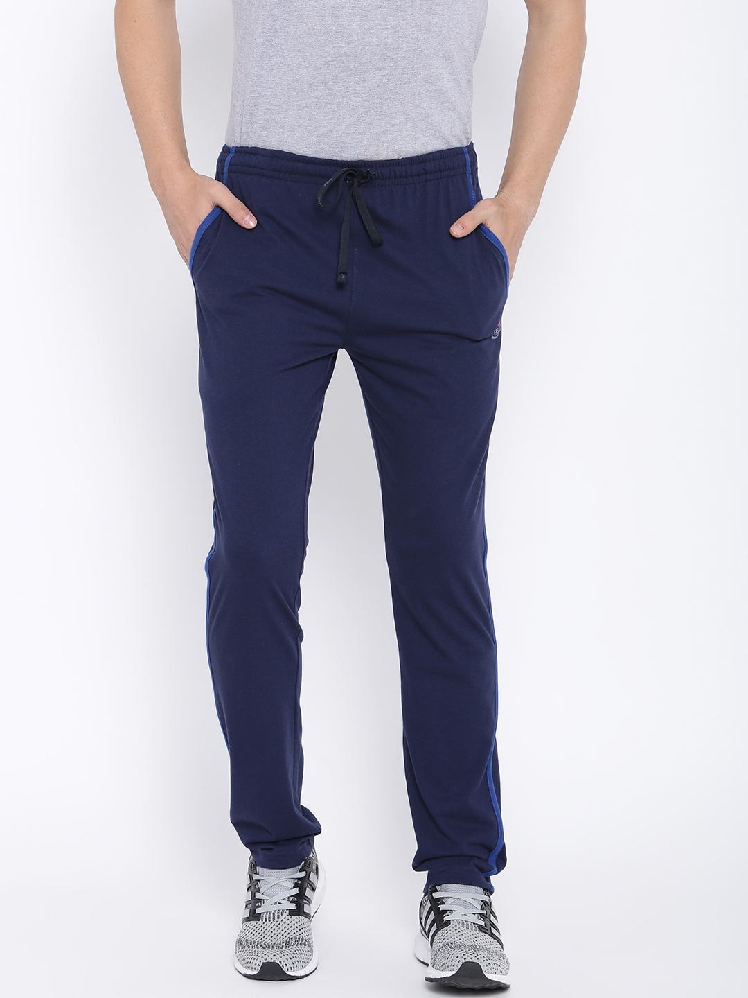navy blue track pants with red stripe