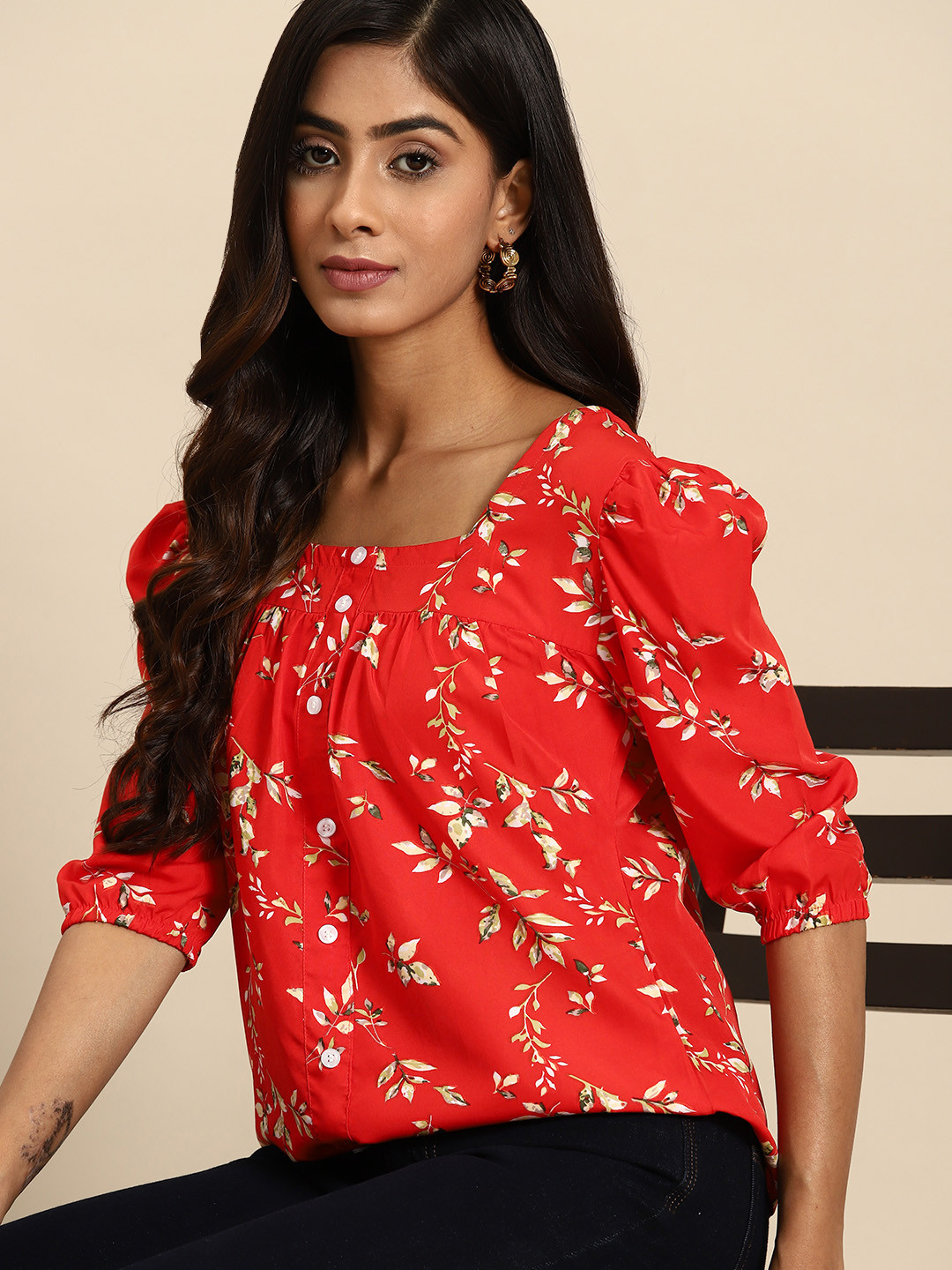 Women's Red Puff Sleeve Crepe Top