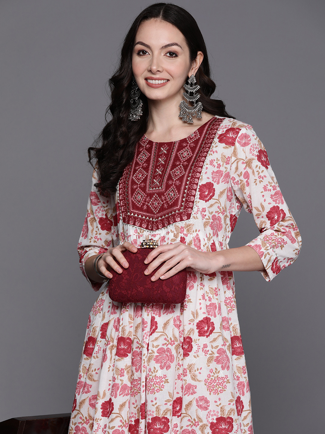 Indo Era Off White Floral Print Shirt Collar Crepe Shirt Dress